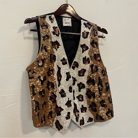 VINTAGE JUST FABULOUS SEQUIN LEOPARD ANIMAL PRINT SILK CAMP GLAM 80s VEST - Picture 2 of 16
